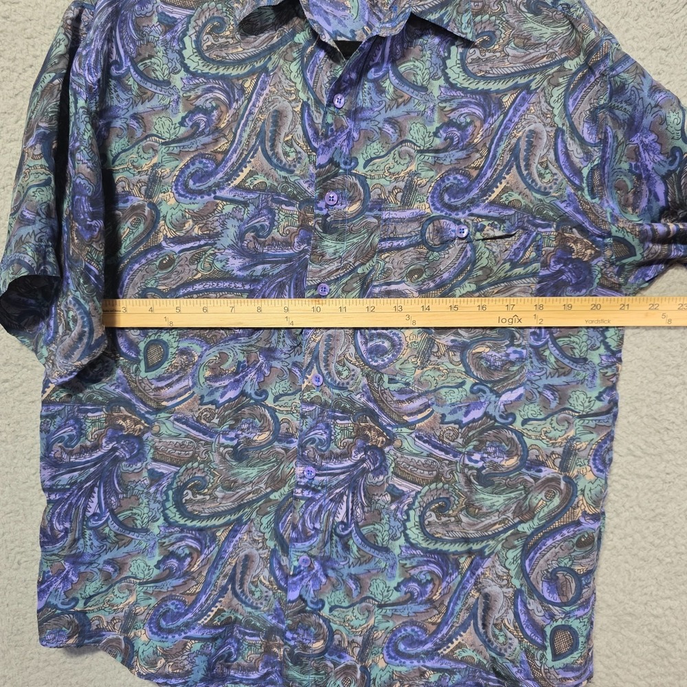 Vintage Shah Safari 100%‎ Silk Mens Button Up Blue Paisley Size Small 90s - Picture 5 of 5